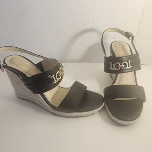 Liz Claiborne Black Wedge Sandals with Gold Accent